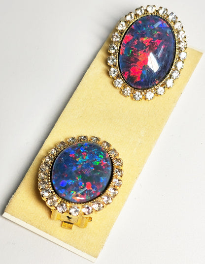 04110.0 - Gold Plated ClipOn Earrings for sale Set with large 18x13 mm Oval Cut Quality Australian Opal Triplets surrounded by Rhinestones