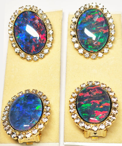 04110.0 - Gold Plated ClipOn Earrings for sale Set with large 18x13 mm Oval Cut Quality Australian Opal Triplets surrounded by Rhinestones