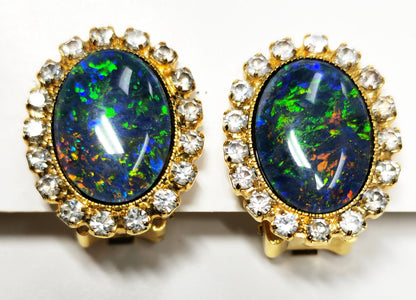 04041.0 - Gold Plated Clip-on and Post types Earrings for sale Set with 14x10 mm Natural Australian Opal Triplet Surrounded with Rhinestones