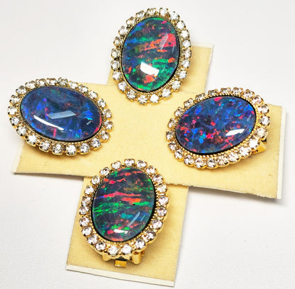 04110.0 - Gold Plated ClipOn Earrings for sale Set with large 18x13 mm Oval Cut Quality Australian Opal Triplets surrounded by Rhinestones