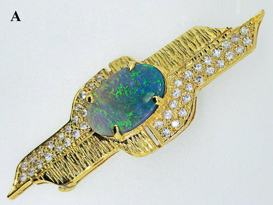 04323.0 - Sterling sølv gullbelagt brosjesett med 16 x 10 mm hvit opal ELLER solid halvsvart opal og CZ i forskjellige kvaliteter og priser