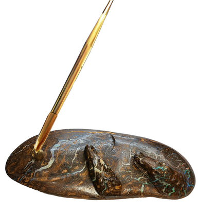 04938.0 - Boulder Opal Carving One pen desk set with two crocodiles on the river bank Opal runs throughout the whole piece
