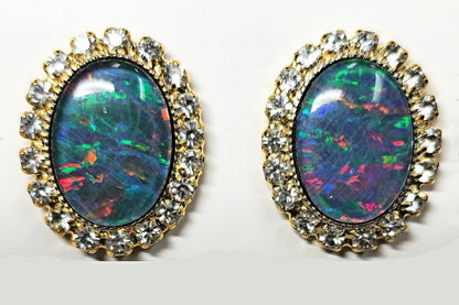 04041.0 - Gold Plated Clip-on and Post types Earrings for sale Set with 14x10 mm Natural Australian Opal Triplet Surrounded with Rhinestones