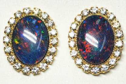 04041.0 - Gold Plated Clip-on and Post types Earrings for sale Set with 14x10 mm Natural Australian Opal Triplet Surrounded with Rhinestones