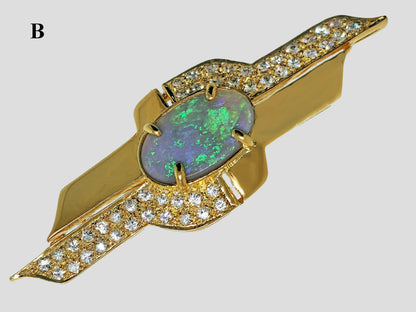 04323.0 - Sterling Silver Gold Plated Brooch Set with 16 x 10 mm White Opal OR solid Semi-Black Opal and CZ in various qualities and prices
