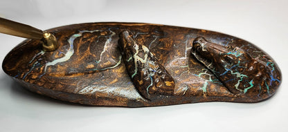 04938.0 - Boulder Opal Carving One pen desk set with two crocodiles on the river bank Opal runs throughout the whole piece