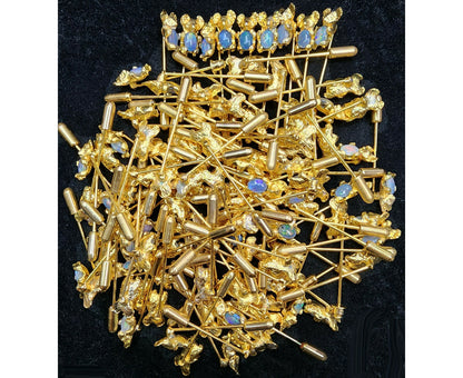 08554.0 - Gold Plated Stick Pins with Koala holding a 7 x 5 mm Oval Cut Australian Opal Triplet for sale About 50 mm long including Bullet