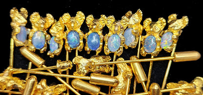 08554.0 - Gold Plated Stick Pins with Koala holding a 7 x 5 mm Oval Cut Australian Opal Triplet for sale About 50 mm long including Bullet