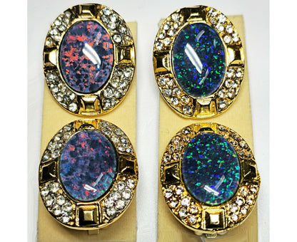 09428.0 - Large Gold plated Clip-on earrings for sale Set with 18 x 13 mm Natural Australian made Opal Triplet surrounded with Rhinestones