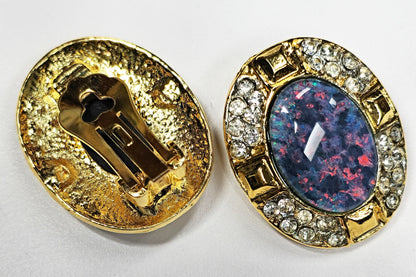 09428.0 - Large Gold plated Clip-on earrings for sale Set with 18 x 13 mm Natural Australian made Opal Triplet surrounded with Rhinestones