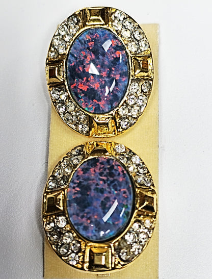 09428.0 - Large Gold plated Clip-on earrings for sale Set with 18 x 13 mm Natural Australian made Opal Triplet surrounded with Rhinestones