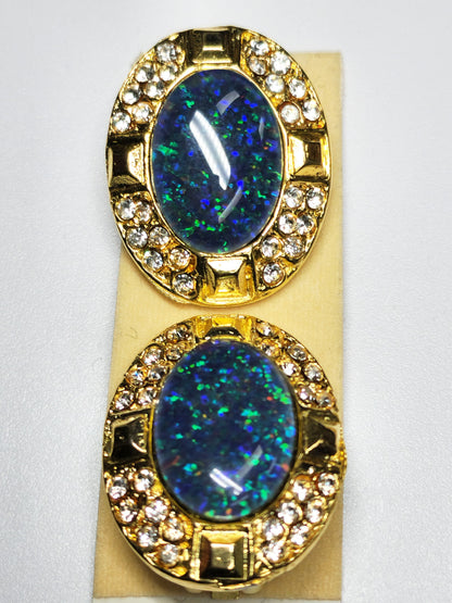 09428.0 - Large Gold plated Clip-on earrings for sale Set with 18 x 13 mm Natural Australian made Opal Triplet surrounded with Rhinestones
