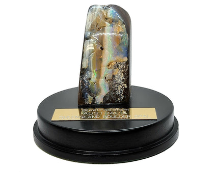 11690.1 - Boulder Opal "Monolith" Mounted on round black woden base with Gold plated engraved plaque and shipping/presentation boxs for sale