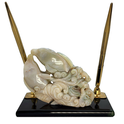 11680.0 - Natural Australian White Opal Carving Two Dolphins on Green Stone Slab with two Gold Plated Pens Executive Office Desk Pen set