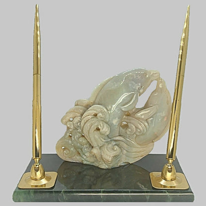 11680.0 - Natural Australian White Opal Carving Two Dolphins on Green Stone Slab with two Gold Plated Pens Executive Office Desk Pen set