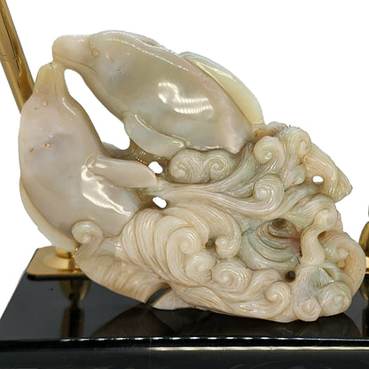 11680.0 - Natural Australian White Opal Carving Two Dolphins on Green Stone Slab with two Gold Plated Pens Executive Office Desk Pen set