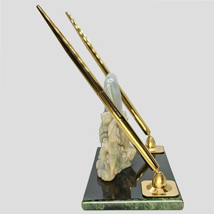 11680.0 - Natural Australian White Opal Carving Two Dolphins on Green Stone Slab with two Gold Plated Pens Executive Office Desk Pen set