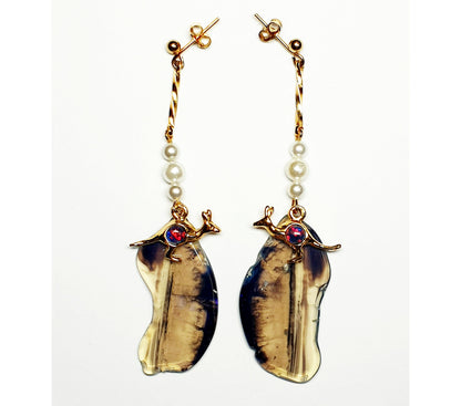 52242.0 - 1 Pair Drop Earrings Sterling Silver Hard Gold Plated with Opal Triplet in Kangaroo, Imitation Pearls sliced Australian Black Opal