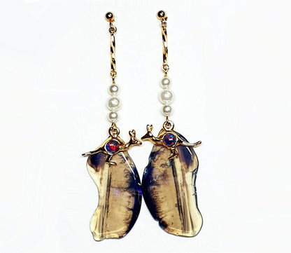 52242.0 - 1 Pair Drop Earrings Sterling Silver Hard Gold Plated with Opal Triplet in Kangaroo, Imitation Pearls sliced Australian Black Opal
