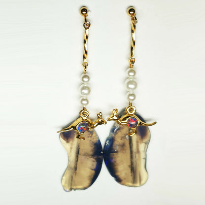 52242.0 - 1 Pair Drop Earrings Sterling Silver Hard Gold Plated with Opal Triplet in Kangaroo, Imitation Pearls sliced Australian Black Opal