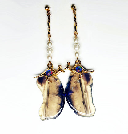 52242.0 - 1 Pair Drop Earrings Sterling Silver Hard Gold Plated with Opal Triplet in Kangaroo, Imitation Pearls sliced Australian Black Opal