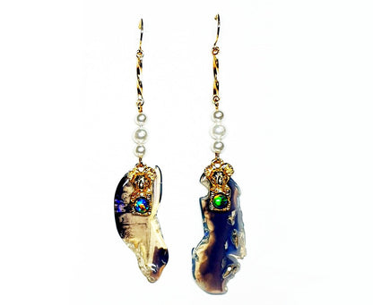 52244.0 - Sheppard Hook Earrings Sterling Silver Hard Gold Plated with Opal Triplet in Koala, Imitation Pearls sliced Australian Black Opal