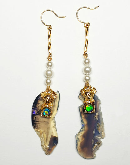 52244.0 - Sheppard Hook Earrings Sterling Silver Hard Gold Plated with Opal Triplet in Koala, Imitation Pearls sliced Australian Black Opal