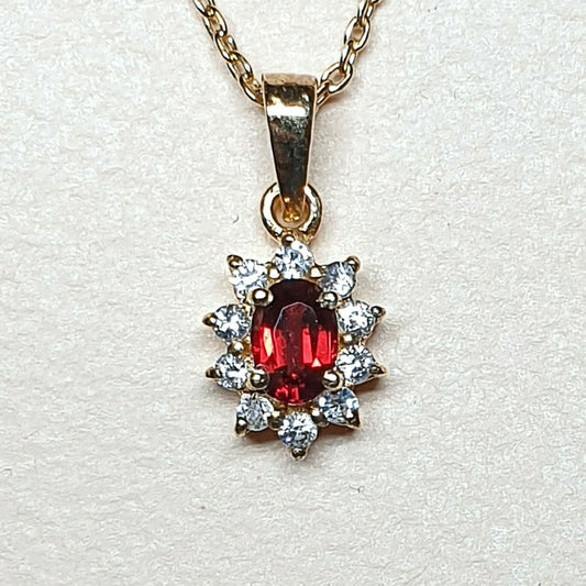 53440.0 - Sterling sølv gullbelagt anheng med 1 granat og 10 cubic zirconia på 45 cm G/P sterling sølv kjede pakket i et gavekort