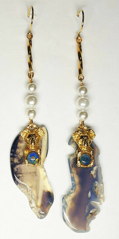 52244.0 - Sheppard Hook Earrings Sterling Silver Hard Gold Plated with Opal Triplet in Koala, Imitation Pearls sliced Australian Black Opal