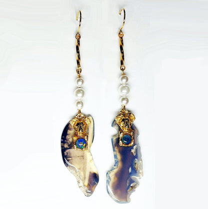 52244.0 - Sheppard Hook Earrings Sterling Silver Hard Gold Plated with Opal Triplet in Koala, Imitation Pearls sliced Australian Black Opal