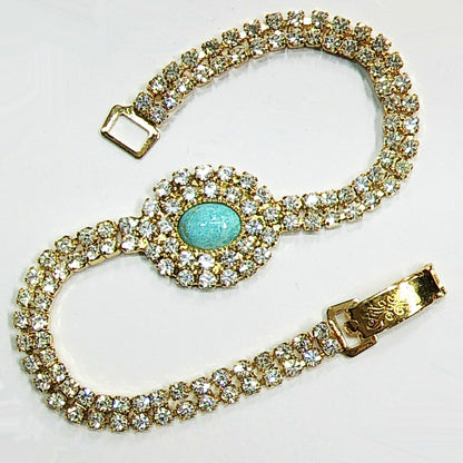 53644.0 - Very Rare 8 x 6 mm Oval Cut Australian Natural Untreated Turquoise set in 18 cm Gold Plated Bracelet with Swarovski Rhinestones