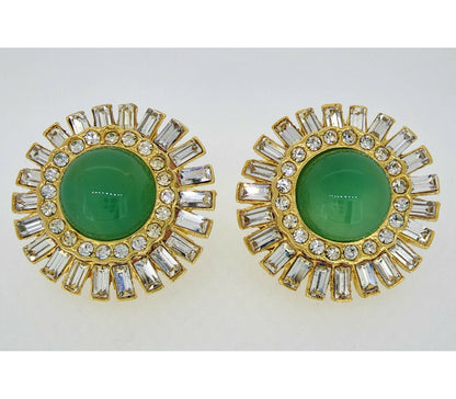 53660.0 - One Pair of Gold Plated Clip-On Earrings Set with a 12 mm Round Cabochon Cut High Quality Natural Australian Chrysoprase from Qld