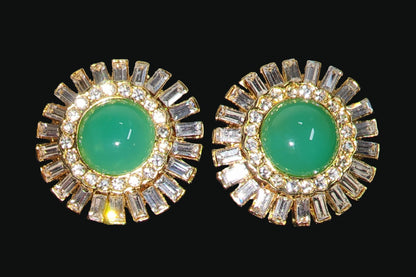 53660.0 - One Pair of Gold Plated Clip-On Earrings Set with a 12 mm Round Cabochon Cut High Quality Natural Australian Chrysoprase from Qld