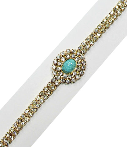 53644.0 - Very Rare 8 x 6 mm Oval Cut Australian Natural Untreated Turquoise set in 18 cm Gold Plated Bracelet with Swarovski Rhinestones