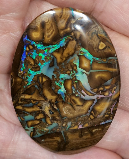 53682.0 - Australian Queensland Boulder Opal 77.10 cts 49mm Long x 33mm Wide x 5.4mm Deep Double Sided Perfect Bola Slide Size Unique Gem