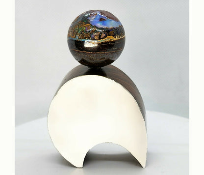 53980.0 - Australian Boulder Opal Ball Mounted on a Sculptured Piece of Wood with a Sterling Silver Plate attached Suitable for Engraving