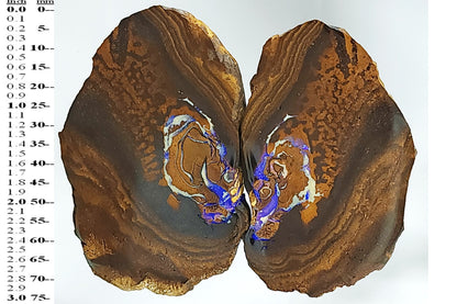 54105.0 - Twin slabs of matching Australian Queensland Boulder Opal 382.27 cts Each about 75 x 45 x 5 mm thick Photos under different lights