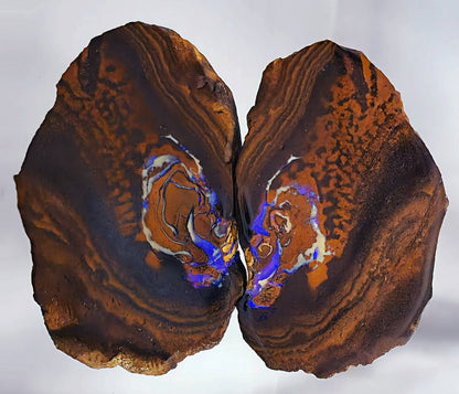 54105.0 - Twin slabs of matching Australian Queensland Boulder Opal 382.27 cts Each about 75 x 45 x 5 mm thick Photos under different lights