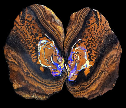 54105.0 - Twin slabs of matching Australian Queensland Boulder Opal 382.27 cts Each about 75 x 45 x 5 mm thick Photos under different lights