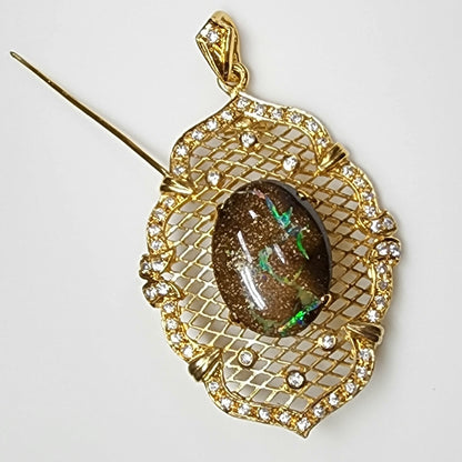 10052.0 - Sterling Silver Gold Plated Combination Penant or Brooch 60 x 35 mm set with 21 x 15 mm One Australian Boulder Opal and CZ