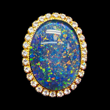 53662.0 - Gold Plated Brooch set with Rhinestones surrounding One 25 x 18 mm Oval Cut Opal Triplet made using Natural Australian White Opal