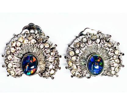 04257.2 - Silver Coloured "Peacock" Clip On Earrings set with Rhinestones and high quality 8 x 6 mm Oval Cut Natural Australian Opal Triplet