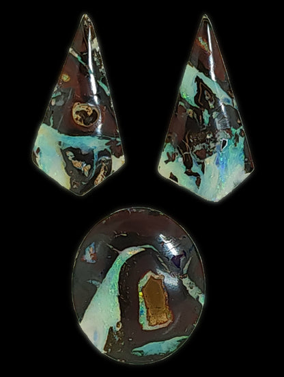53466.0 - Very unusual and unique 3 Piece set of Australian Queensland Boulder Opal Earrings 36x19 mm & Pendant 30x26 mm Total 65.39 carats