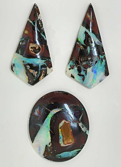 53466.0 - Very unusual and unique 3 Piece set of Australian Queensland Boulder Opal Earrings 36x19 mm & Pendant 30x26 mm Total 65.39 carats