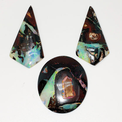 53466.0 - Very unusual and unique 3 Piece set of Australian Queensland Boulder Opal Earrings 36x19 mm & Pendant 30x26 mm Total 65.39 carats