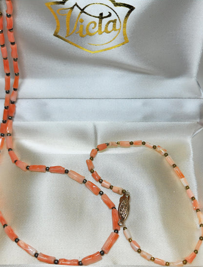 54187.0 - Pink Tube Coral and Metal bead 42cm necklace with matching 22cm bracelet in presentation box Taiwan sea harvested during 1970-1980