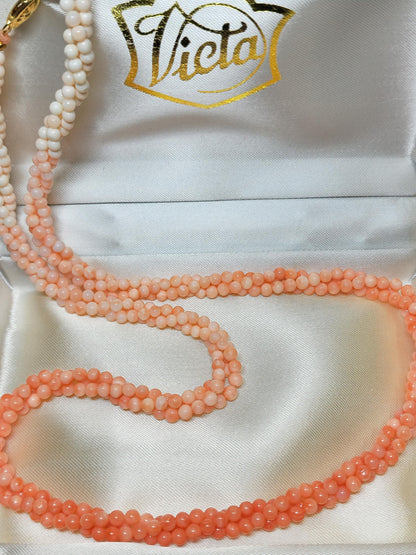54193.0 - Natural Taiwan sea Coral Triple strand of 4 mm beads necklace Graduated colour from deep pink to white 63 cm in presentation box