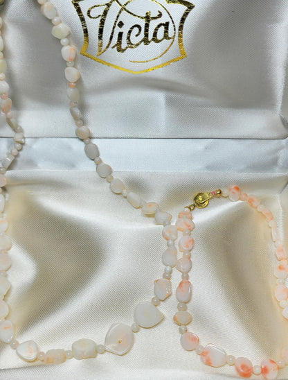 54189.0 - Matching 40 cm Light Pink Taiwanese sliced coral and bead necklace and 21 cm bracelet presentation box harvested from sea 1970-80