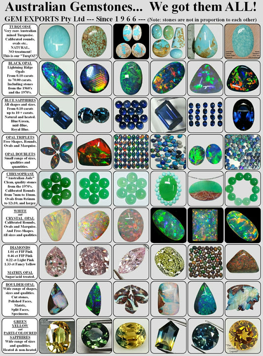 00000.1 Australian Gems Cabochon Cut Turquoise Chrysoprase Solid White Opal Black Opal Boulder Opal Crystal Opal Doublets Triplets Treated Matrix Faceted Sapphires Diamonds