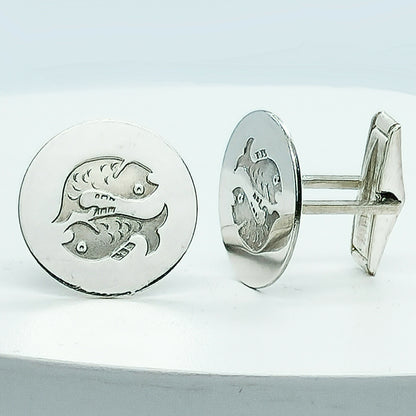 54209. Sterling Silver Cuff Links, Zodiac Designs, Spring Loaded Links, Presentation Box